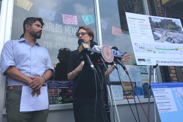 Councilmember Carlos Menchaca and DOT Commissioner Polly Trottenberg at Wednesday's announcement
